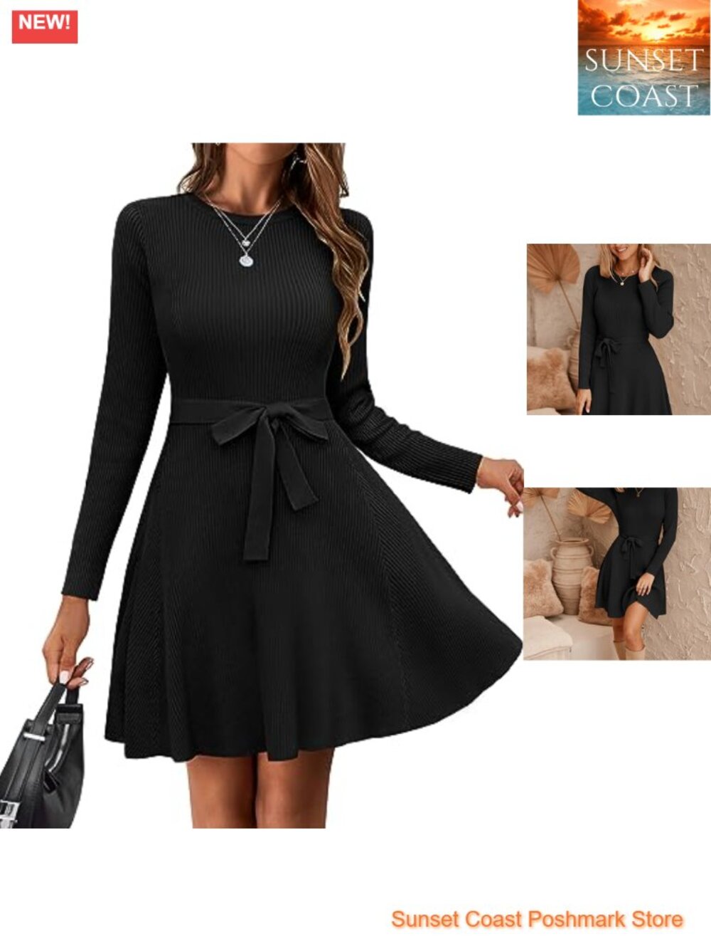 Women's Ribbed Knit Long Sleeve A-Line Sweater Dress with Belt